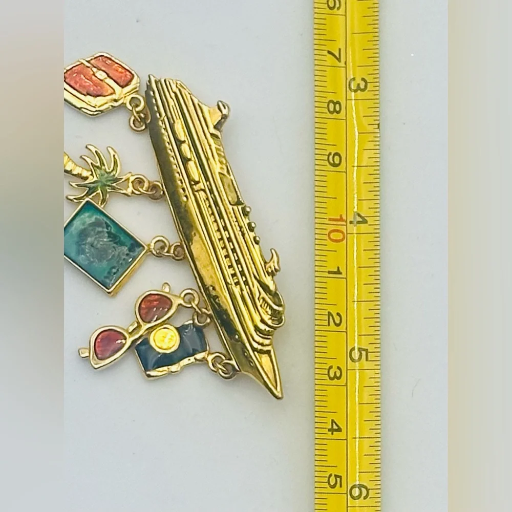 Vintage Gold Cruise Ship Brooch Colorful Charms Enamel Travel Vacation - Picture 4 of 4